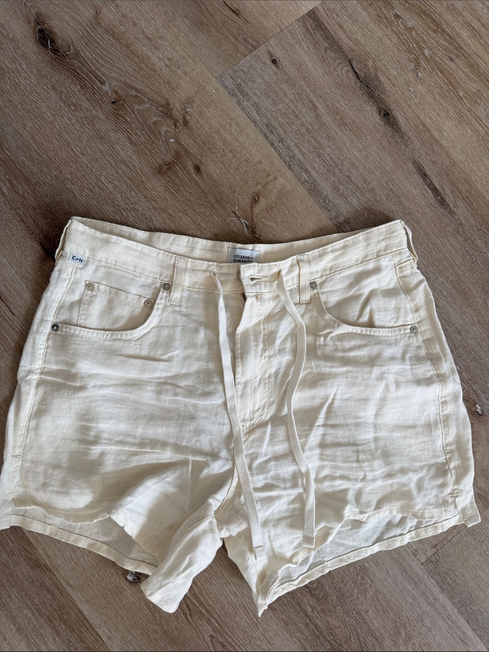 Citizens Of Humanity Cream High-Waist Drawstring 100% Linen Shorts